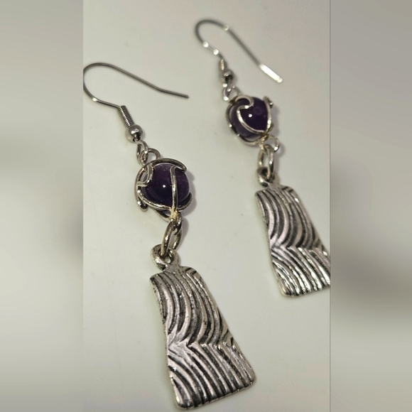 Vintage Natural Amethyst Sphere Wire Wrap Cage Dangle Earrings Silver - Picture 3 of 5